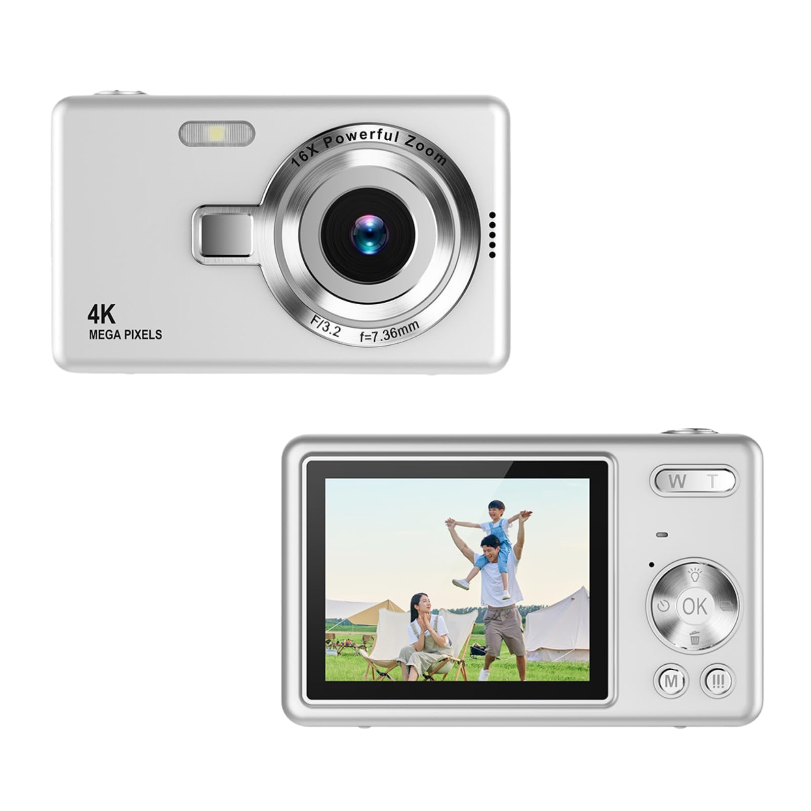 Pocket Digital Camera 2.4in TFT Screen - 2024 Newest 12MP 1080P Compact Point and Shoot Camera, 16X Zoom Auto Focus Small Video Camera for Kids Teens Boys Girls (Silver)