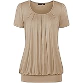 DJT Women's Short Sleeve Summer Tops Scoop Neck Pleated Front Casual Tee T Shirt