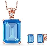 Gem Stone King 18K Rose Gold Plated Silver Swiss Blue Topaz Pendant and Earrings Jewelry Set For Women (17.45 Cttw, Gemstone November Birthstone, Emerald Cut 18X13MM and 6X4MM, with 18 Inch Chain)