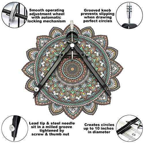 Offizeus Professional Compass for Geometry with Extra Lead Refills - Makes 10 Inch Circle - Math Compass, Drawing Compass - Metal Precision Bow Compass with Lock - for Drafting, School, Woodworking