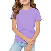 Haloumoning Girls Short Sleeve T Shirts Kids Ruched Side Slim Fit Tops Casual Crewneck Tees 5-14 Years