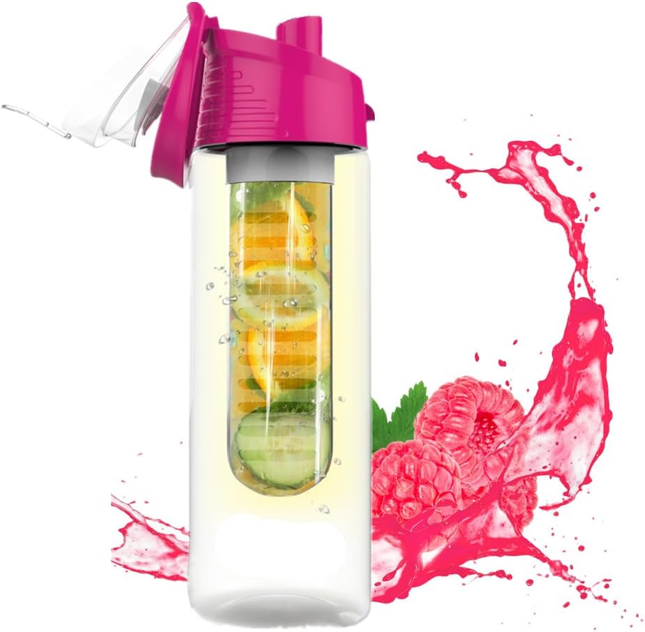 BPA FREE Infuser Water Bottle with Carrying Handle, 23 Oz Fruit Infuser Water Bottle with Locking Flip Top Leakproof Lid -(Rosy)