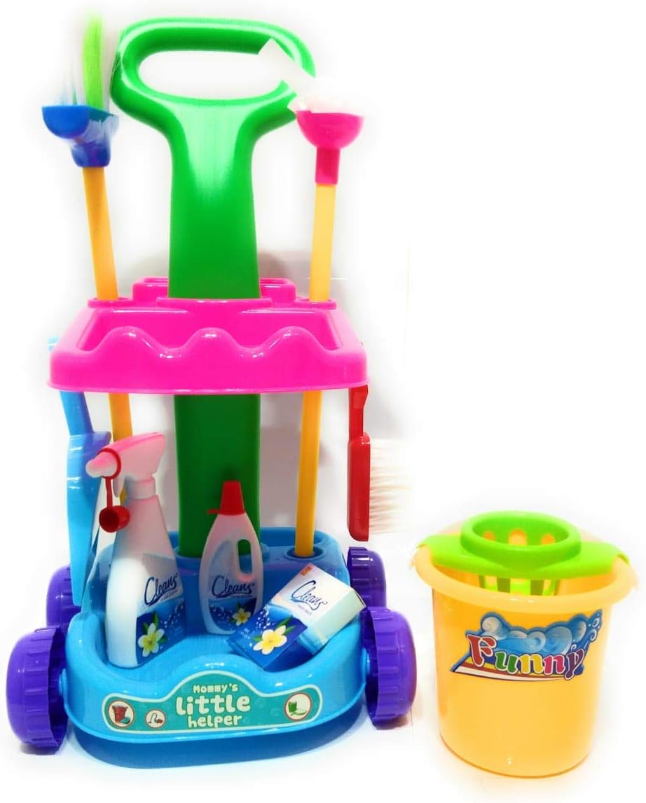 SARDAR JI TOYS Little Helper Plastic Cleaning Trolley Cart with Many Accessories (Multicolour)
