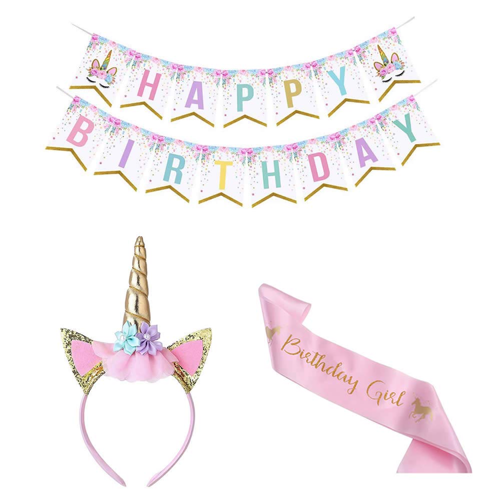 Dusenly Unicorn Headband and Sash Set for Birthday Parties