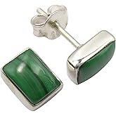 SilverStarJewel 925 Stamp Pure Sterling Silver Rectangle Malachite Stud Earrings 0.3" Cyber Week Discount