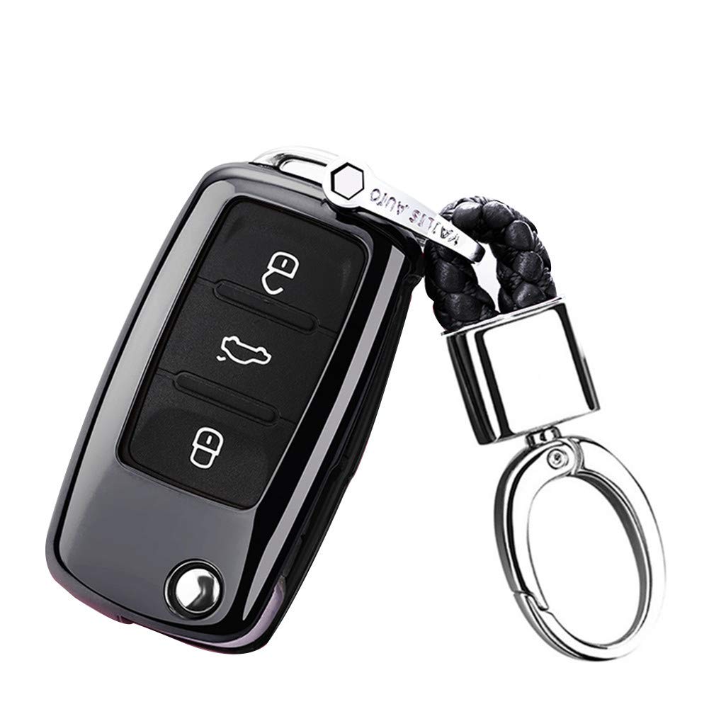 Happyit TPU Soft Car key Cover Case Keychain for Volkswagen VW Skoda Golf7 Polo Tiguan Passat Jetta MK4 MK5 MK6 T5 Beetle 3 Buttons (Black)
