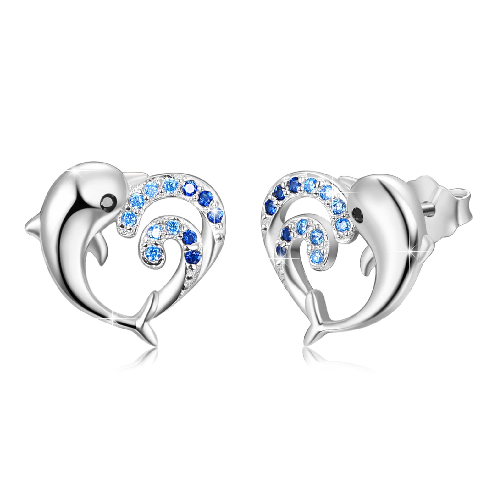 Dolphin Earrings Sterling Silver Dolphins Studs Heart Earrings Dolphin Sea Creatures Earrings for Women Girls