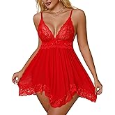 Crexomi Sexy Lingerie for Women Babydoll Dress V Neck Lace Chemise Nightie Sleepwear Mesh Nightgown with Thong