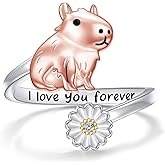 HOOHWE Capybara Ring 925 Sterling Silver Adjustable Cute Animal Open Rings with Daisy Capybara Jewelry Gift for Women
