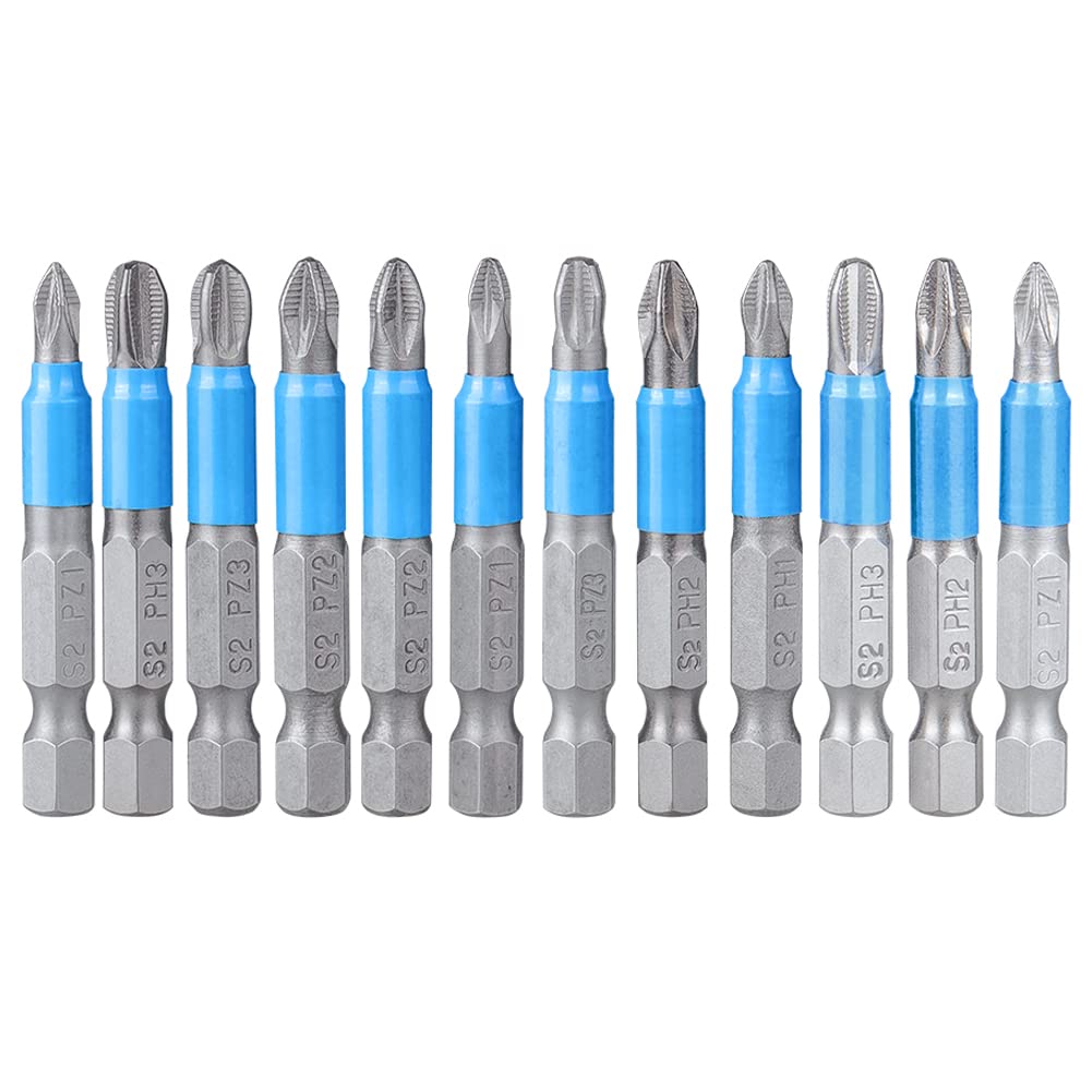 Gasea 12pcs Phillips Screwdriver Bits Set, 50mm Magnetic Cross Head Drill Bits with 1/4" Hex Shank, S2 Steel PZ1 PZ2 PZ3 PH1 PH2 PH3 Driver Bit Kit