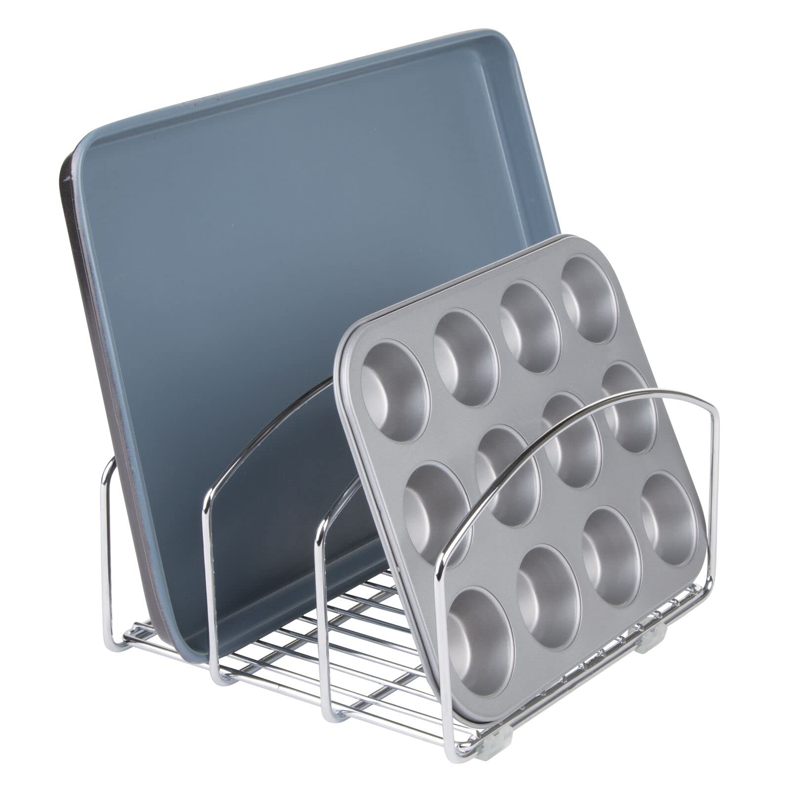 mDesign Kitchen Bakeware Organiser - Steel Baking Tray Rack and Cutting Board Holder - Ideal Kitchen Storage Solution - Chrome Finish