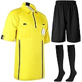 Cuffbow 3 Pcs Men's Soccer Referee Jersey Short Set Official Pro Soccer Referee Shirt Short Sleeve, Sports Pants and Socks