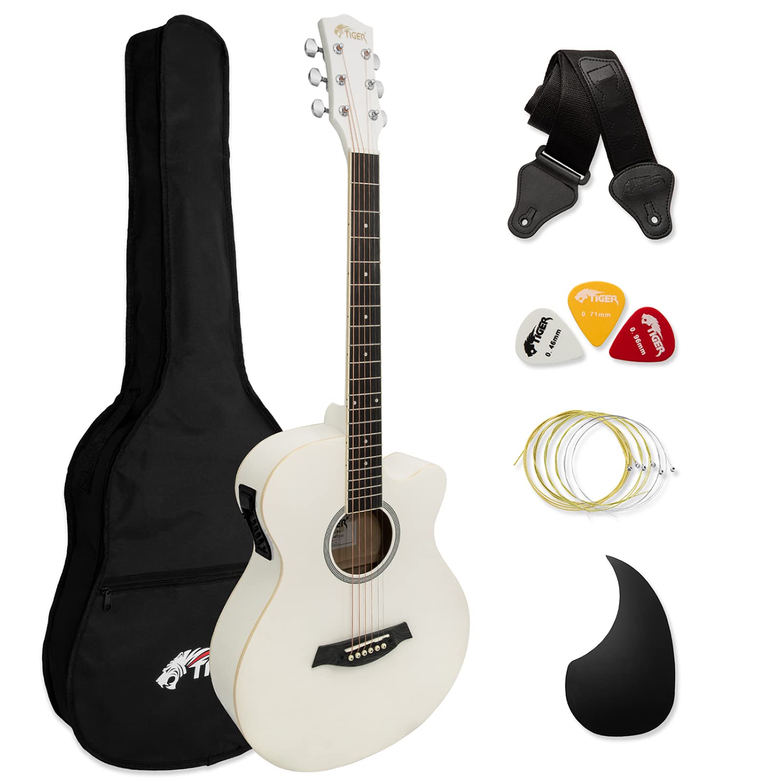 TIGER ACG4-WH Full Size Electro Acoustic Guitar for Beginners with Built-in 3-Band EQ - Package includes Gig-bag, Strap, and Spare Strings - White - Now with Six Months FREE lessons