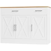 Shintenchi 42" Buffet Cabinet with Storage, Kitchen Barn Door Cabinet | Modern Farmhouse Sideboard with 3 Doors, Wood Coffee Bar Cabinets with Adjustable Shelf for Kitchen Living Room,White