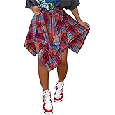 Women's Plaid Skirts High Waisted Knot Front Asymmetrical Hem Mini Skater Skirt