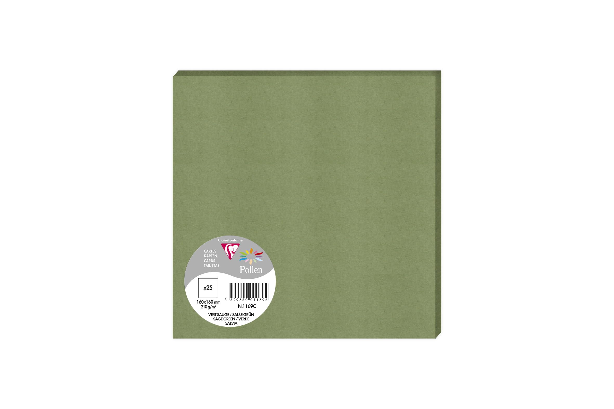 Clairefontaine 1169C A Pack of 25 Plain Cards Square Format 16x16cm 210g Sage Green Invitation & Correspondence Cards Pollen Range Smooth Premium Paper