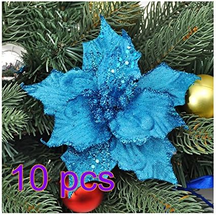 HWKAIZ 10Pcs Glitter Hollow Wedding Party Decor Christmas Artificial Fabric Simulation Flower Xmas Tree Decorations (Blue)