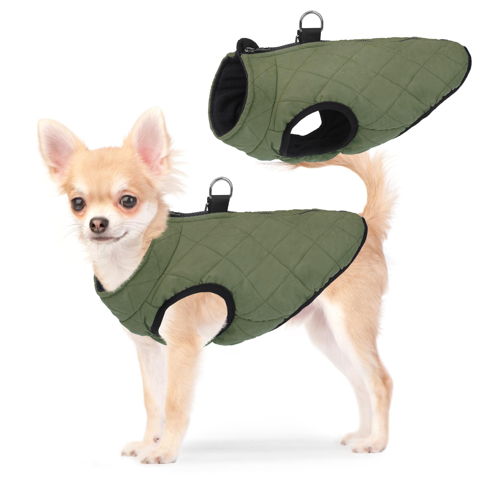 SCENEREAL Winter Dog Vest Coat with Harness Built In, Warm Puppy Jacket for Small Medium Dogs, Cold Weather Coats with Zipper, Fleece Puffer Vest Windproof Snow Clothes, Olive S
