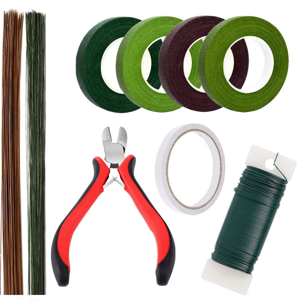 Kuou 9 Pcs Floral Arrangement Tools Kit with Multicolored Floral Tapes, Cutter, 26 Gauge Stem Wire, 22 Gauge Green Paddle Wire for Bouquet Stem Wrap
