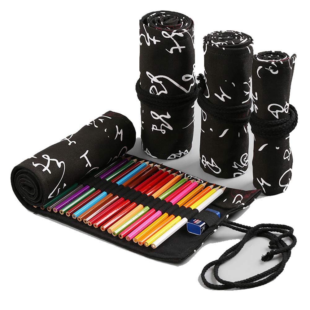 VIONNPPT Handmade Canvas Pencil Wrap Roll Up Case Holder Bohemian Style Travel Drawing Drawing Coloring Pencil Roll Organizer 24 Holes Black Calligraphy