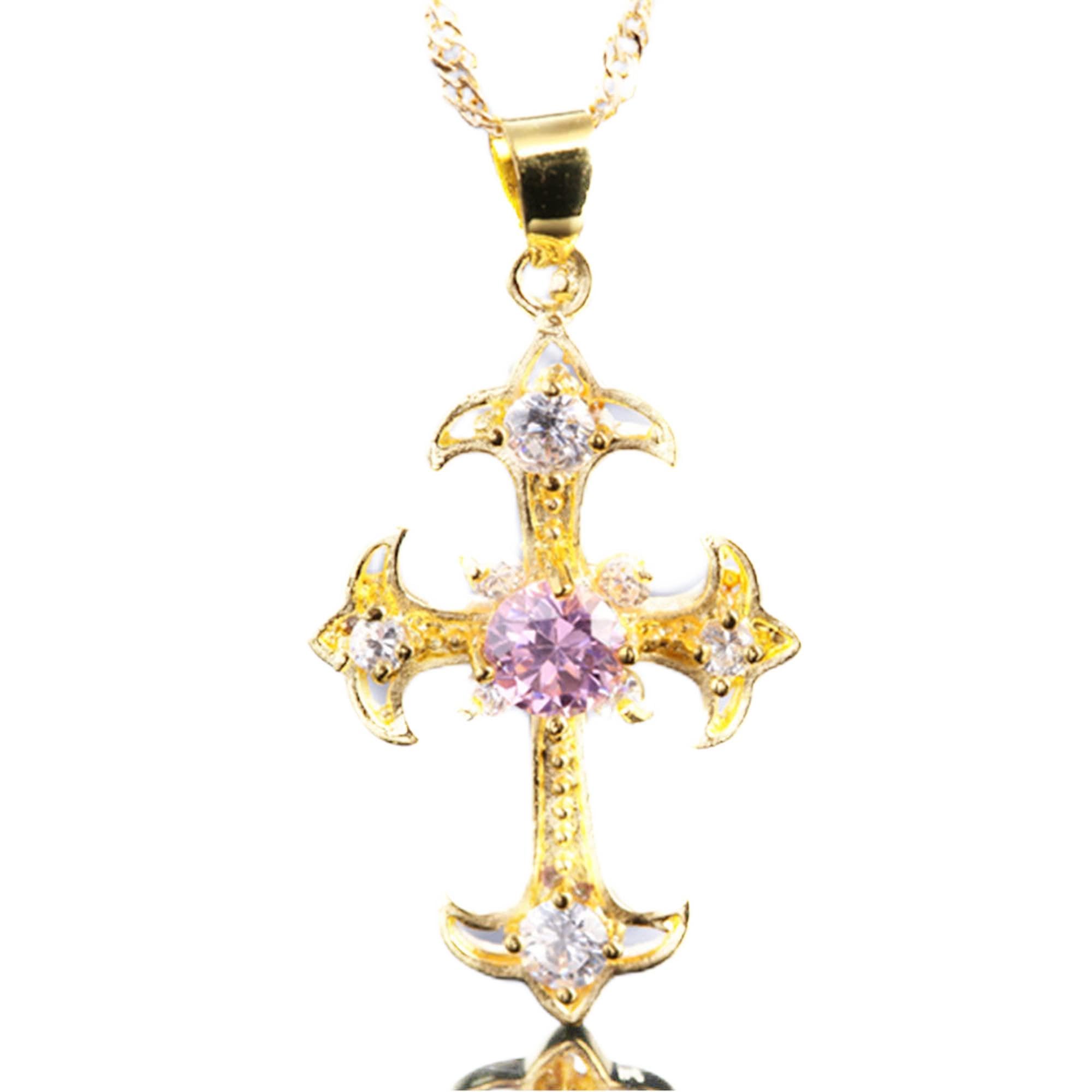 RIZILIA Crucifix Cross Pendant with 45cm(18") Chain & Round Cut Gemstones CZ [Pink Sapphire] in 18K Yellow Gold Plated, Simple Modern Elegance