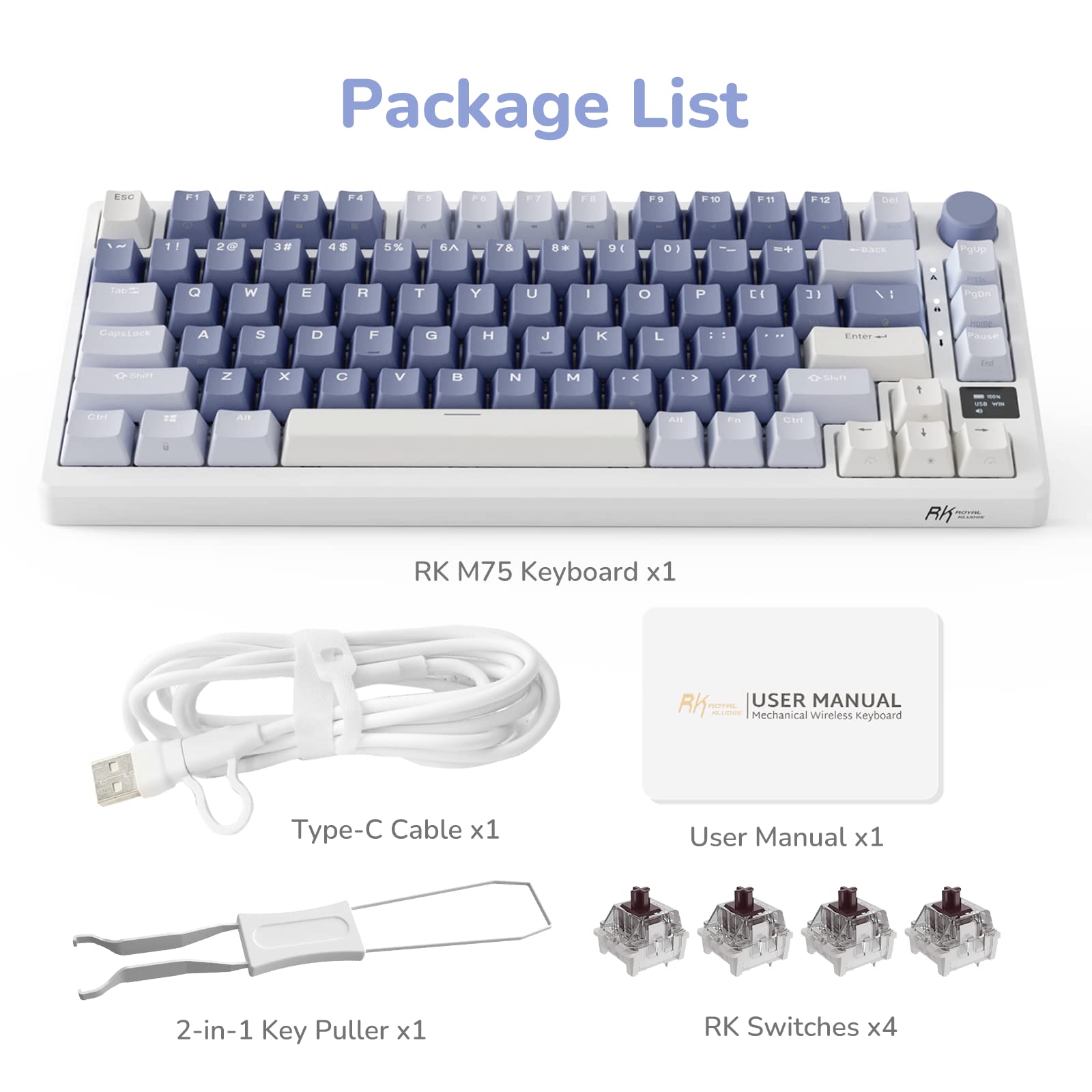 RK ROYAL KLUDGE M75 Mechanical Keyboard with OLED Smart Display and Volume Knob, 2.4G/USB-C/BT Gasket Mounted 75% Layout Wireless Gaming Keyboard with 81 Keys, RGB Backlit Hot-Swappable Brown Switch