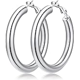 FaithHeart Chunky Hoop Earrings for Women, Silver/Black/14K Gold Plated Stainless Steel Earrings 5mm Thick Hollow Tube Hoops Hypoallergenic Lightweight Earring 20/30/40/50/60/70/80mm