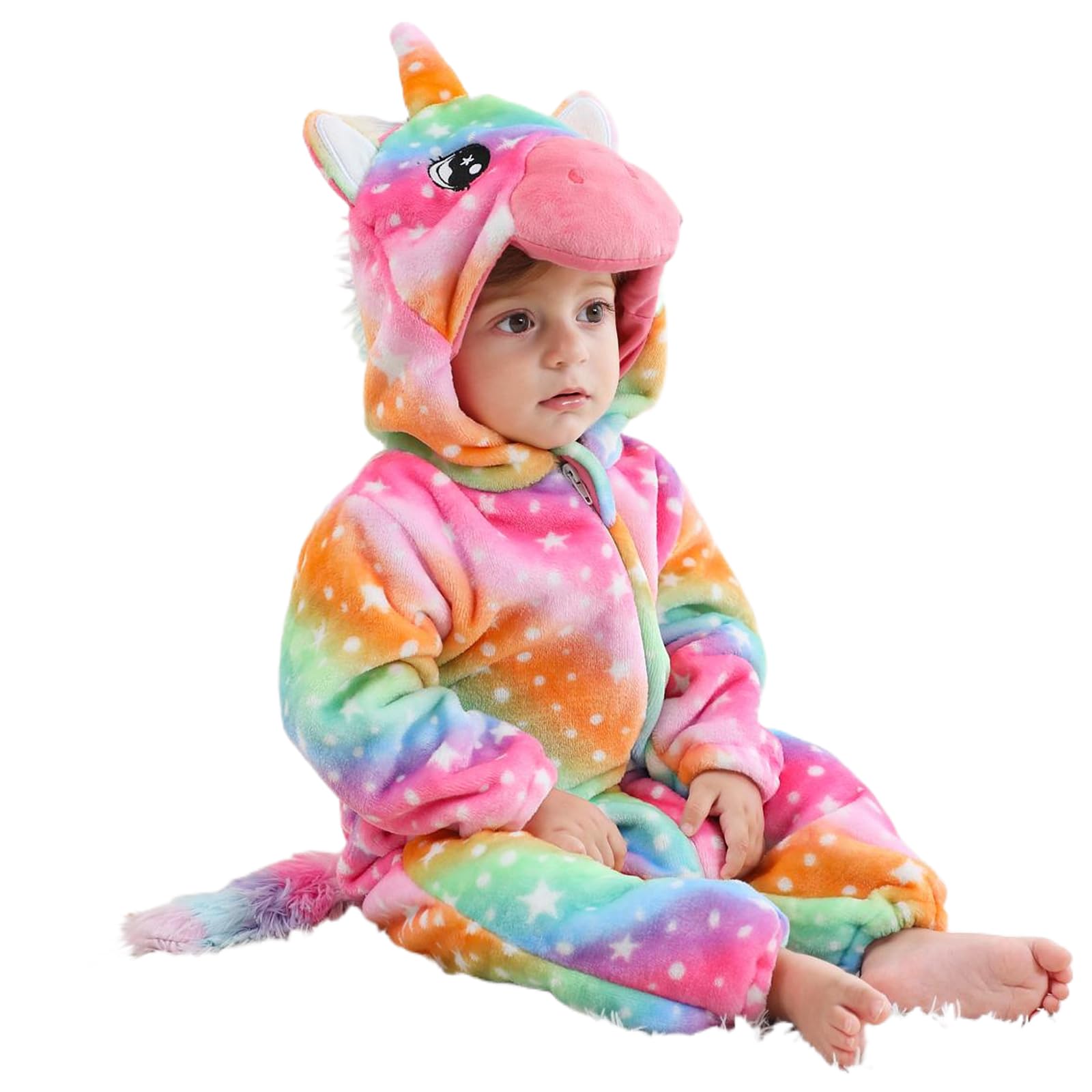 LOLANTA Toddler Rainbow Unicorn Costume Girls,Plush Hooded Romper for Baby, Rainbow, 18-24 Month, Tag 100