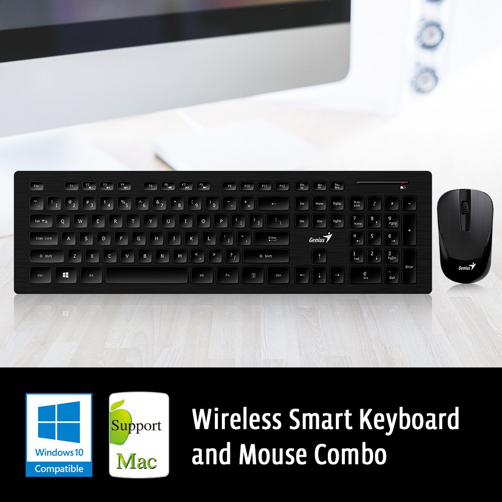 Genius Wireless Smart Keyboard and Mouse Combo [SlimStar 8008] - Multimedia Keyboard and Precision Mouse Set. Brushed Metal Look, Smart Profile Switch, Rich Function Keys for PC & Mac Computers
