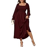 SHESTARR Women's Plus Size Maxi Dress Long Sleeve Square Neck Smocked Flowy A-Line Boho Wedding Party Maxi Dress