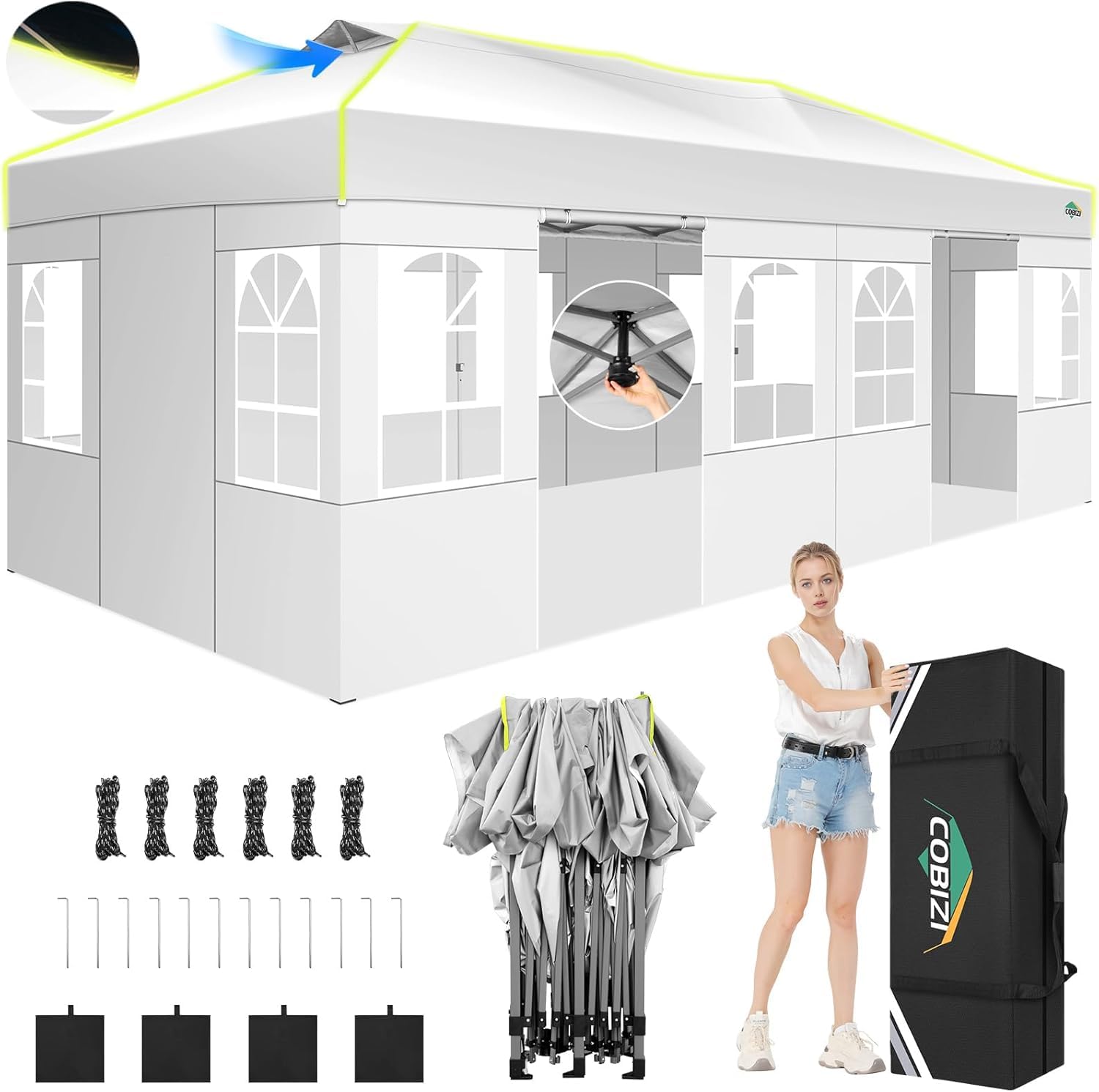 Photo 1 of COBIZI 10x20 Pop Up Canopy Tent, Outdoor Party Tent with 6 Sidewall One Push Setup Glow, 3 Adjustable Height Air Vent Waterproof UPF50+, Bag, 4 Sandbag, 6 Stake, 12 Rope for Beach, Commercial