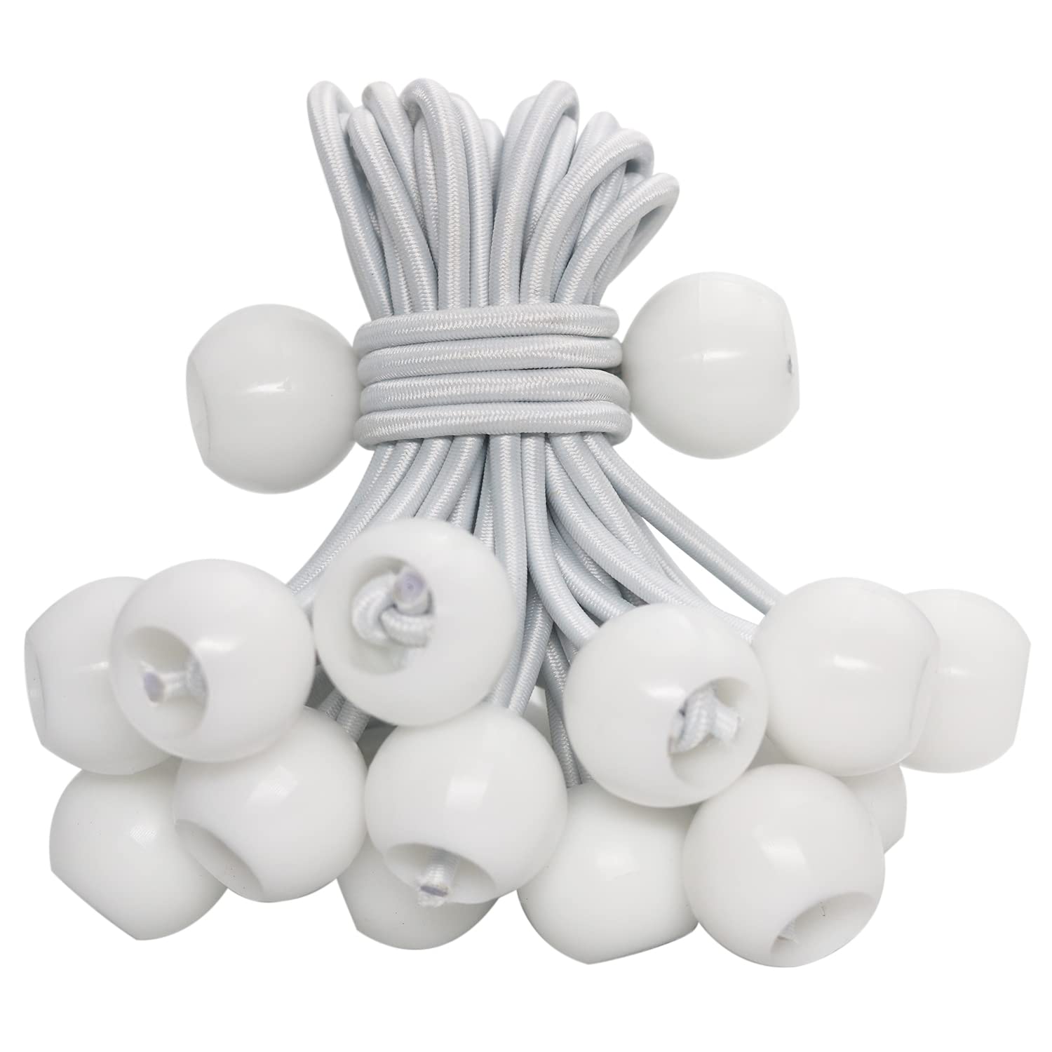 HomWanna Bungee Balls Cords 25Pcs - 4 inch White Flag Bungees Ties, Heavy Duty Tarp Banner Marquee Canopy Elastic Tie Down Straps for Telescopic Flag Pole Camping Tent Tarpaulin Cargo, UV Resistant