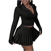 SOLY HUX Women's Skirt Sets 2 Piece Outfits Long Sleeve Crop Top with Pleated Mini Skirt Set Party Outfits for Women