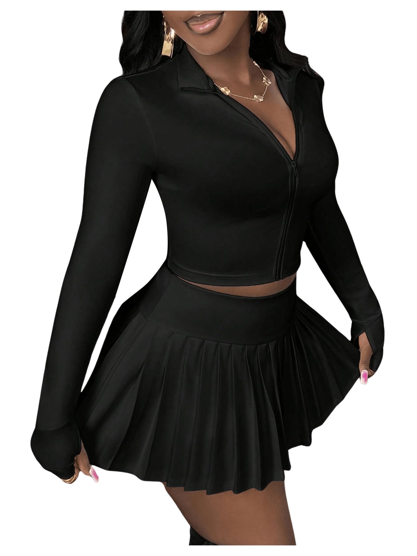 View 1 of *PARTIAL SET - See Clerk Notes*
SOLY HUX Women's Skirt Sets 2 Piece Outfits Long Sleeve Crop Top with Pleated Mini Skirt Set Activewear Party Outfits for Women Plain Black XX-Large
