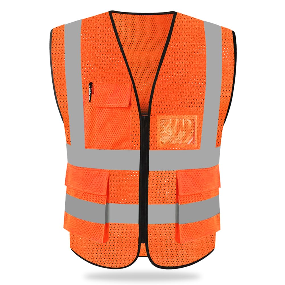 HYCOPROT Hi Vis Viz High Visibility Reflective Safety Vest Waistcoats Jacket Workwear Executive Zip 2 Band Security Mobile Phone Pocket ID Holder (Orange-mesh, 4XL)