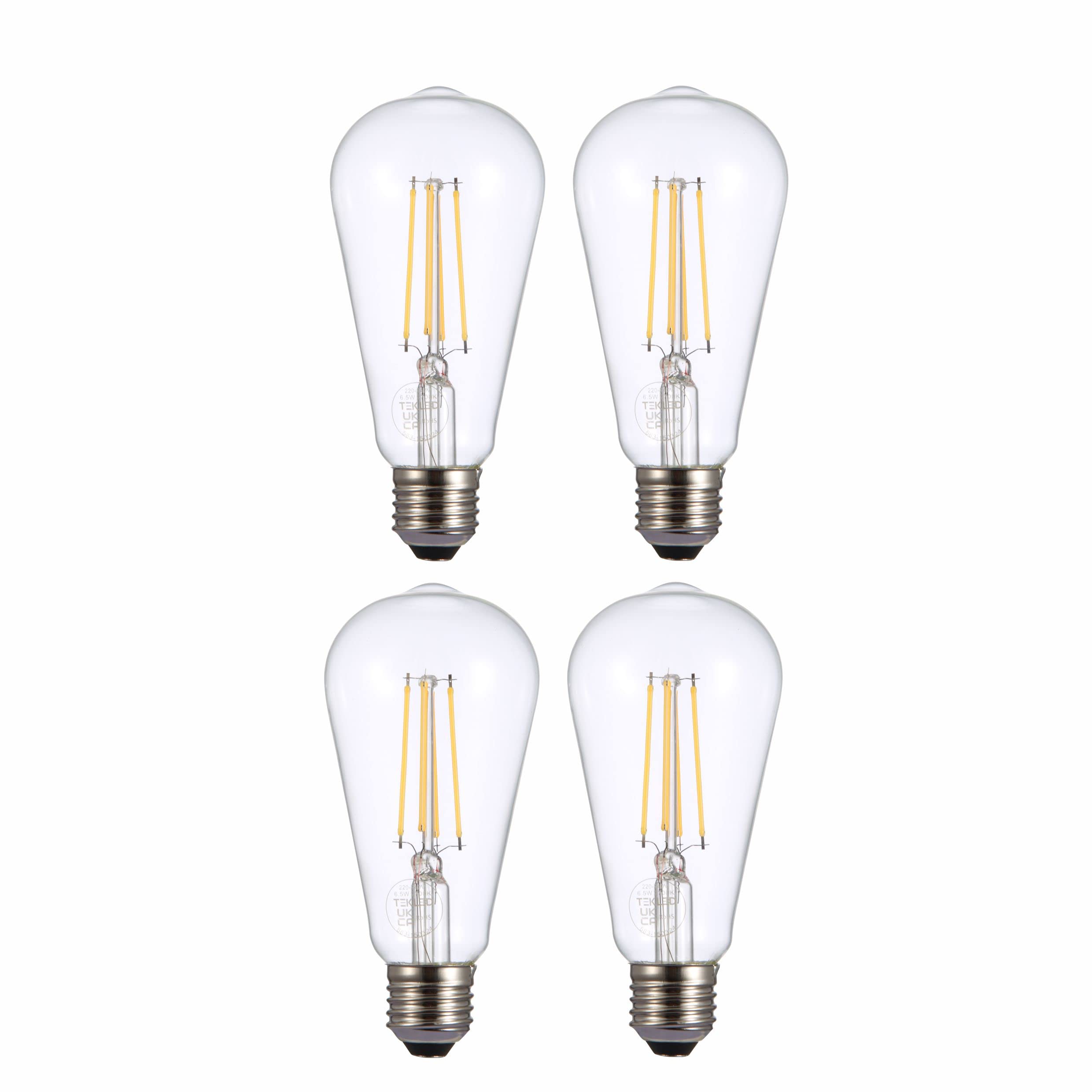 TEKLED® ST64 Filament Vintage DIMMABLE LED Bulbs | E27 Edison Screw | Energy Saving 6.5W Light Bulb 60W Equivalent | Clear 2700K 806LM | 4-Pack | Warm White