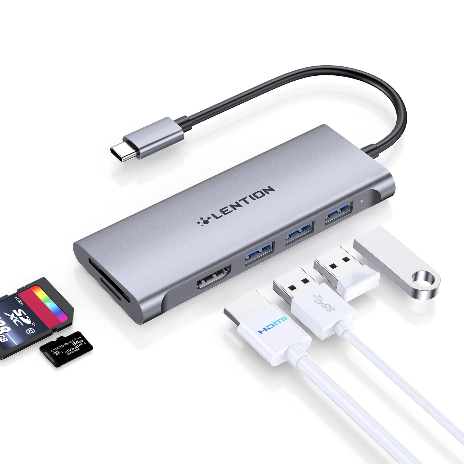 LENTION USB C Hub with 4K HDMI, 3 USB 3.0, SD 3.0 Card Reader Compatible 2025-2016 MacBook Pro, New Mac Air/iPad Pro/Surface, iPhone 17/16/15, More, Multiport Stable Driver Dongle Adapter (C34, Gray)