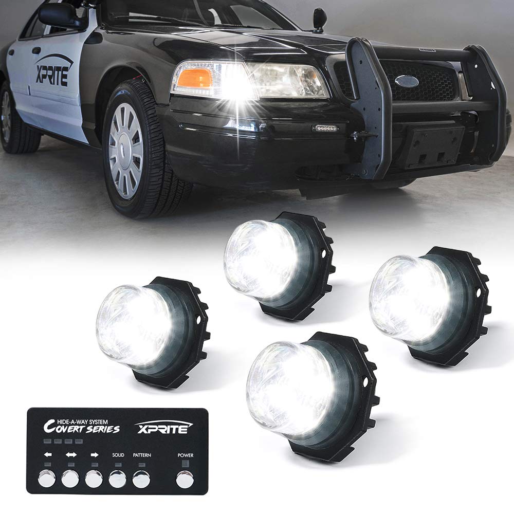 Photo 1 of Xprite 4PCS LED Hideaway Strobe Lights Kit - White, 20 Flash Modes, Control Panel Included, Ideal for Emergency Vehicles, Trucks, Cars, Headlights, Taillights & Fog Lights, Hazard Warning