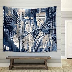 New York City, United States of America - Decorative Collage Containing Several New York Landmarks - Fabric Wall Tapestry Home Decor - 51x60 inches