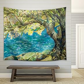 Watercolor Paint of Nature Landscape and Yellow Tree - Fabric Wall Tapestry Home Decor - 51x60 inches