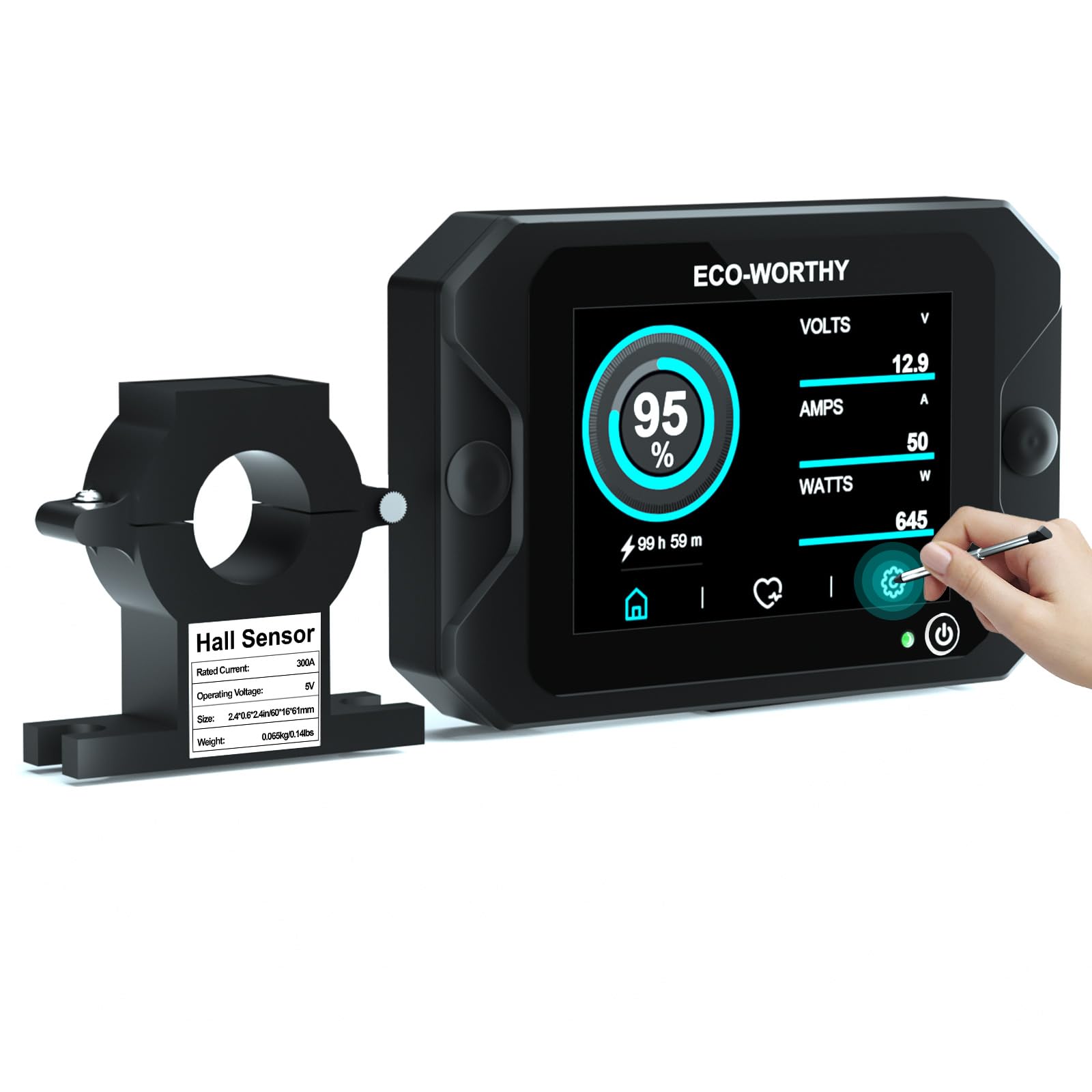 Photo 1 of ECO-WORTHY Battery Monitor with Hall Sensor Touchable Display, 9-80V 300A Battery Monitor with Alarm, for Li-ion/LiFePO4/AGM/Gel Battery in Golf Cart/RV/Solar System