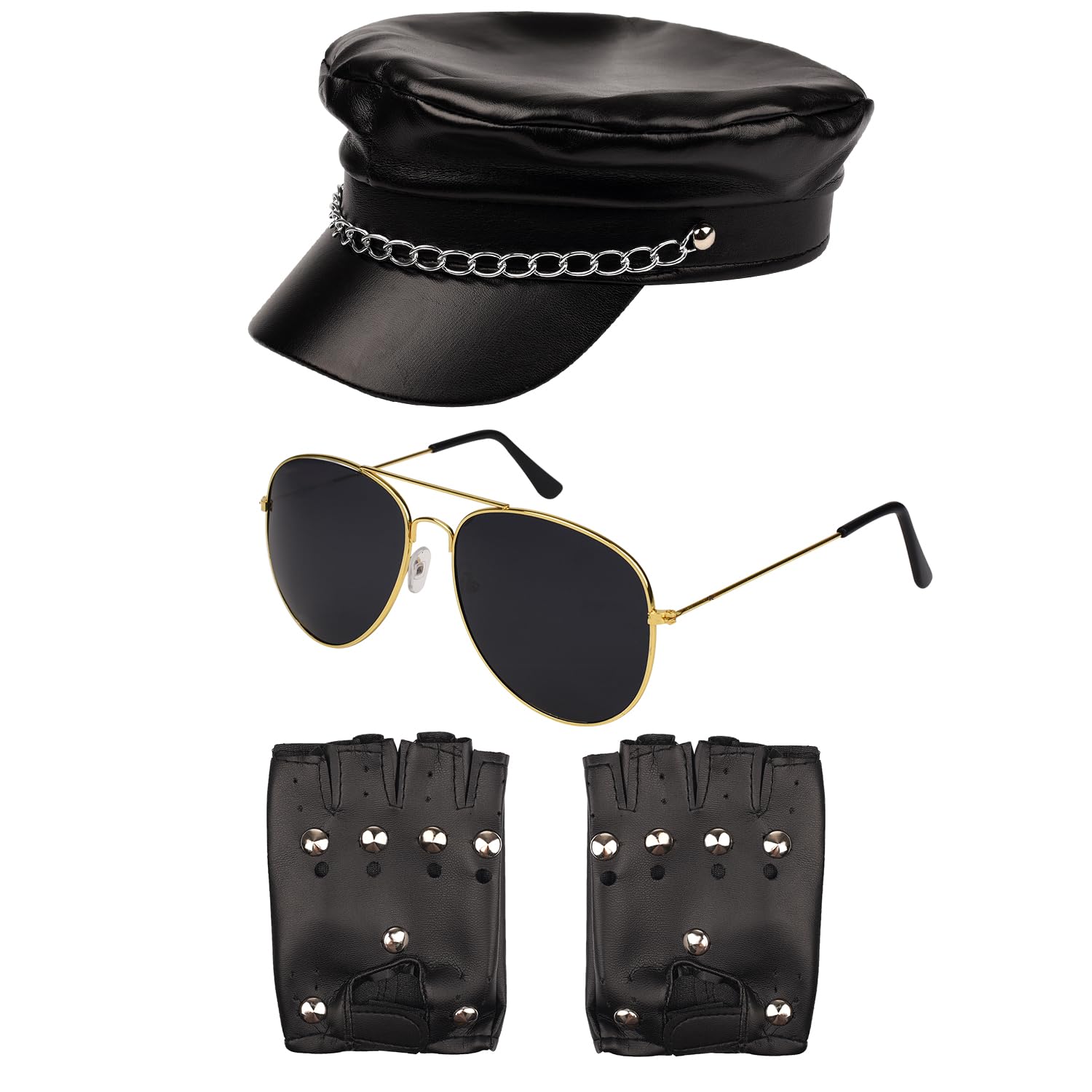 Bohue 3 Pieces Men 80s Biker Costume Accessories Black Biker Cap with Chain Sunglasses Punk Gloves Party Costume Dress-Up Accessories for Adult