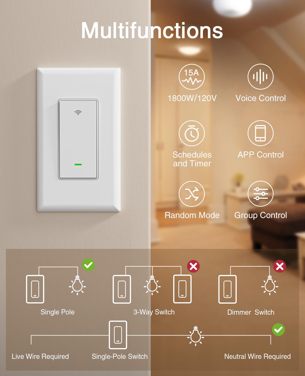 GHome Smart Switches for Lights, WiFi Smart Light Switch Works with Alexa and Google Home, Single-Pole, Neutral Wire Required, 2.4Ghz WiFi Light Switch with APP Control, No Hub Required, UL FCC Listed - View 2