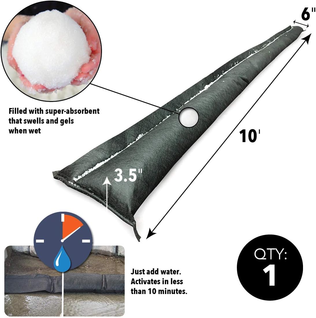 Quick Dam QD610-1 Water-Activated Flood Barrier-1 Pack, Black - Quick Dam Expanding Barriers - 
