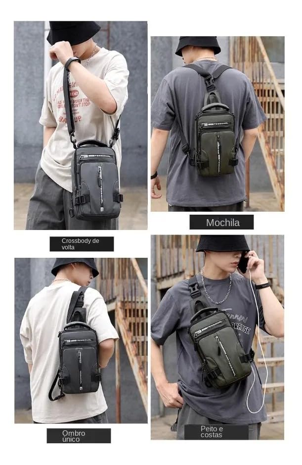 Bolsa Masculina Transversal Impermeável, Mochila com Saída USB, Pochete Grande em Poliéster, Alça Ajustável para Tablet e Celular