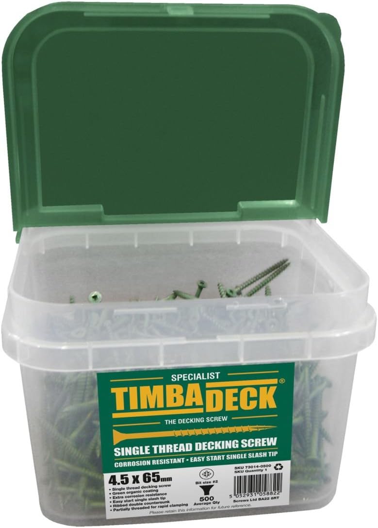 Timbadeck Countersunk Carbon Steel Decking Screws 4.5 x 65mm Pack of 500, Green