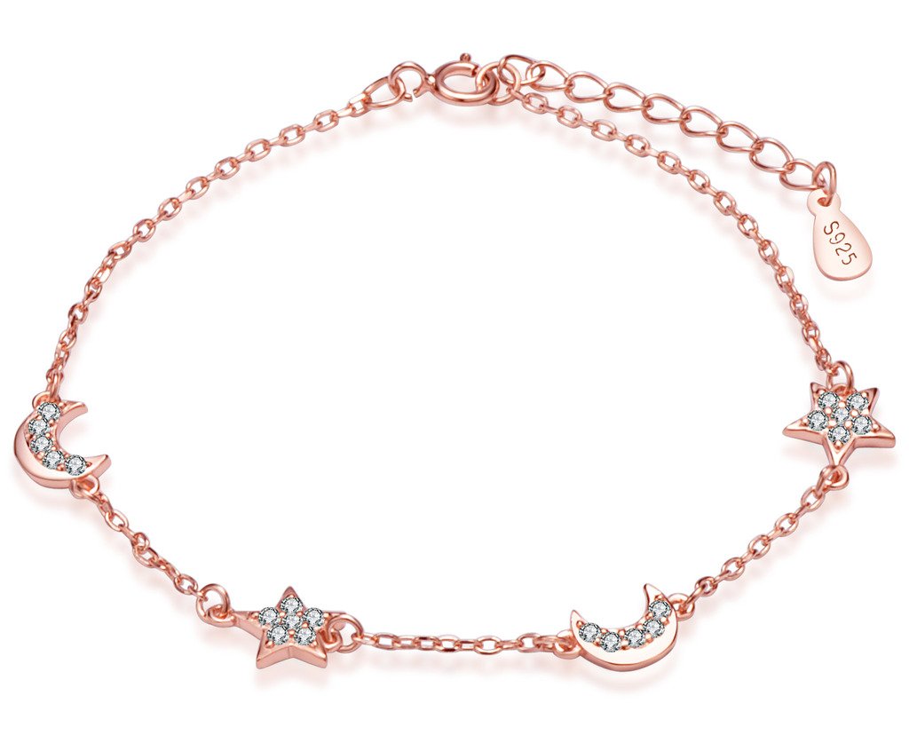 Infinite U Elegant Stars Moons Womens Link Charm Bracelet 925 Sterling Silver Cubic Zirconia Adjustable Hand Chain, Rose Gold