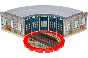 Orbrium Wooden Railway 5 Engine Bays, Rooftop Rails Full Size Roundhouse with 14-Ways Turntable Compatible with Thomas & Friends Brio Imaginarium Melissa Doug Engine Shed