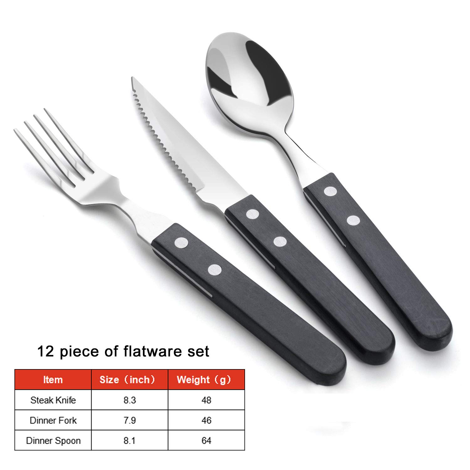 TaNaT 12 Pieces Wood Flatware Forks and Spoons Set Silverware Cutlery 18/0 Stainless Steel Flatware Set Black Wooden Handle Tableware Utensils Service for 4,Set of Silverware,Smooth Surface