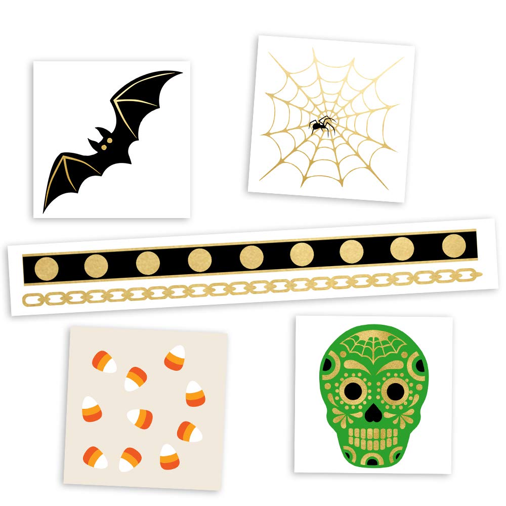 HOCUS POCUS VARIETY SET of 25 assorted Flash Tattoos spooky-inspired premium waterproof metallic gold & silver jewelry temporary foil party tattoos - Party Supplies, gold tattoo, spider web